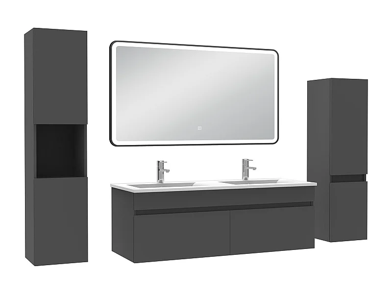 Meuble double vasque anthracite 120cm avec colonne + miroir lumineux 3 couleurs + dimmable