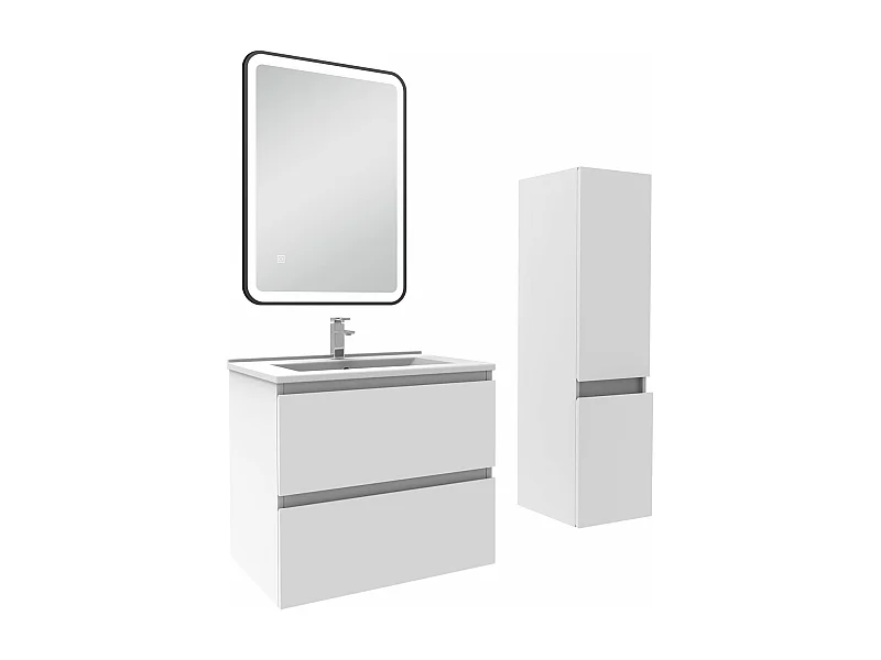 Meuble salle de Bain 60cm simple vasque avec colonne + miroir 3 couleurs blanc
