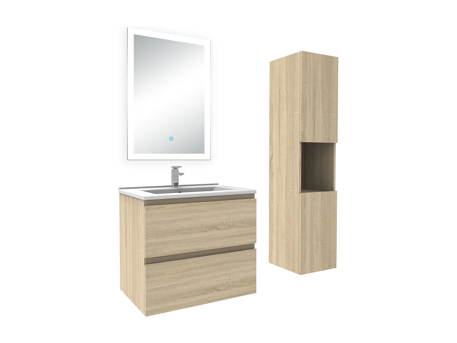 Ensemble meuble Salle de Bain 60cm avec vasque et colonne et miroir lumineux dimmable chêne wotan