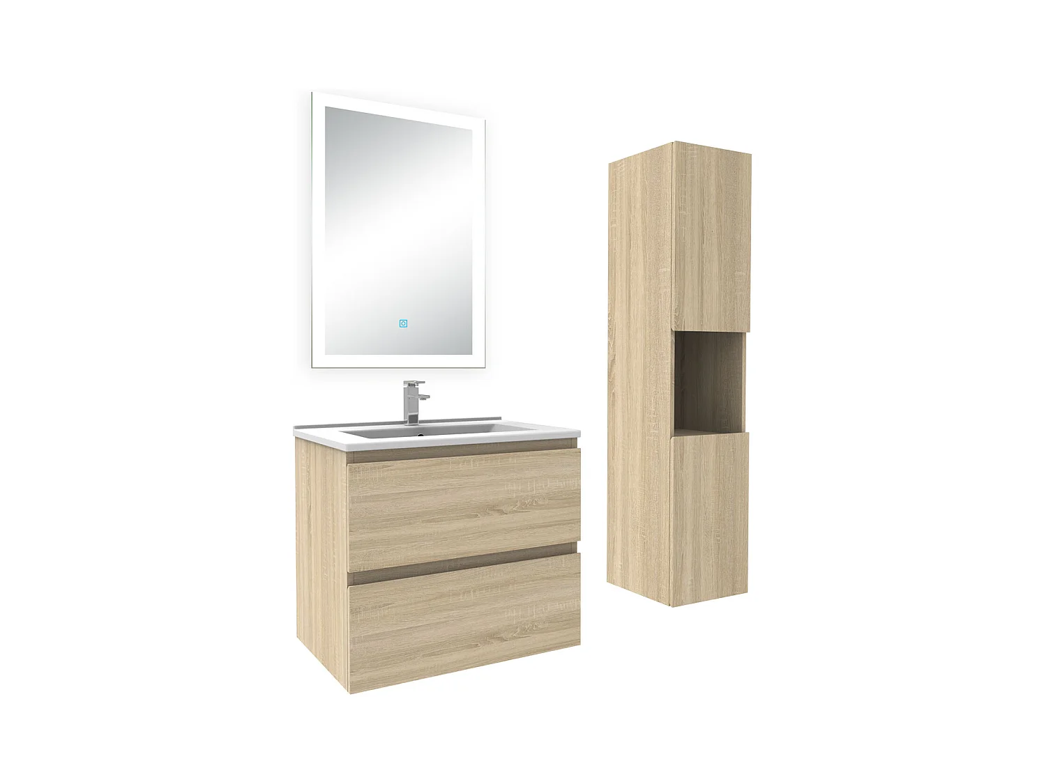 Ensemble meuble Salle de Bain 60cm avec vasque et colonne et miroir lumineux dimmable chêne wotan