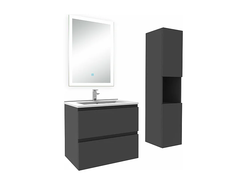 Ensemble meuble Salle de Bain 60cm avec vasque et colonne et miroir lumineux dimmable anthracite