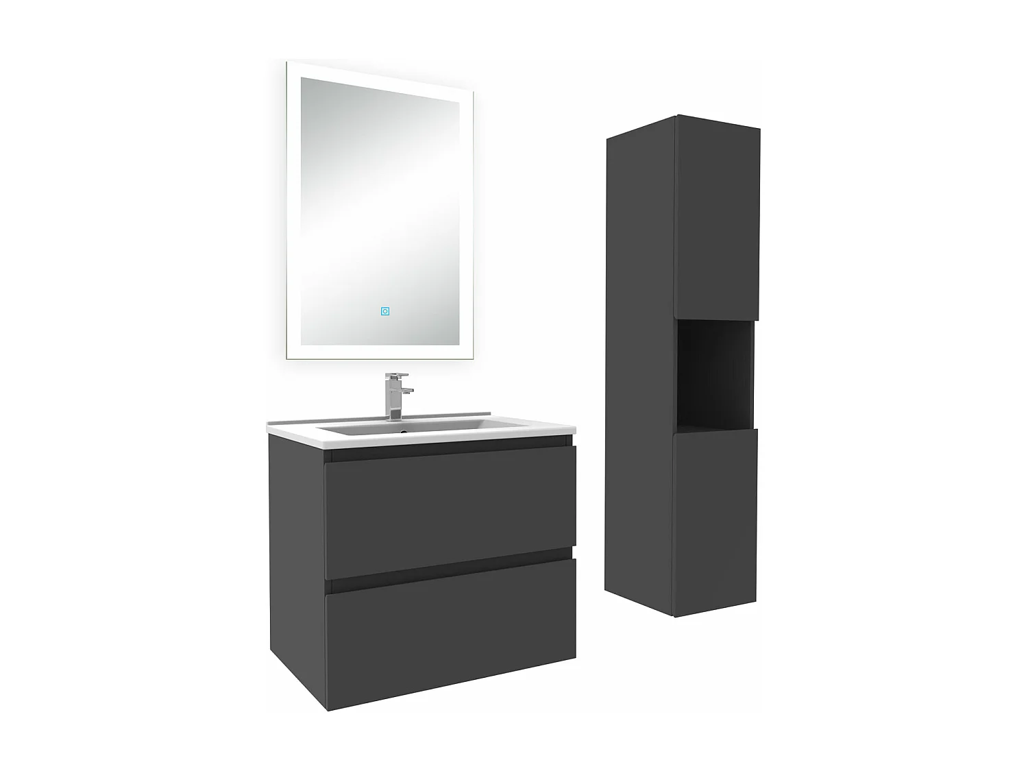Ensemble meuble Salle de Bain 60cm avec vasque et colonne et miroir lumineux dimmable anthracite