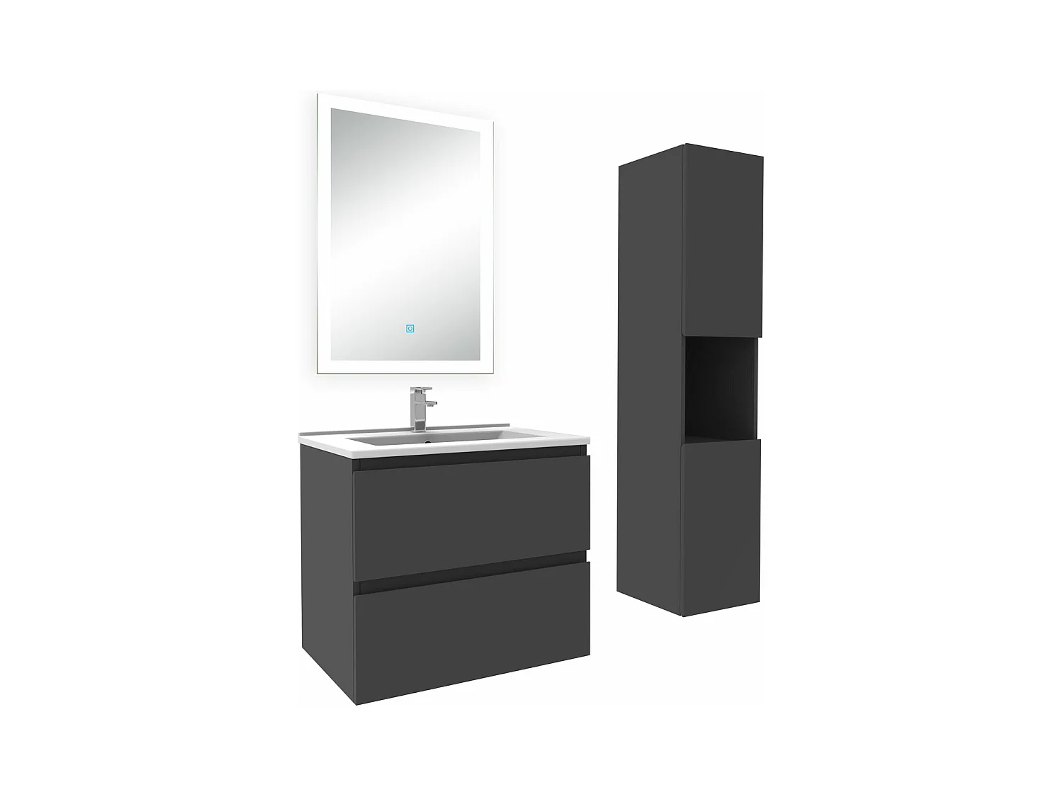 Ensemble meuble Salle de Bain 60cm avec vasque et colonne et miroir lumineux dimmable anthracite