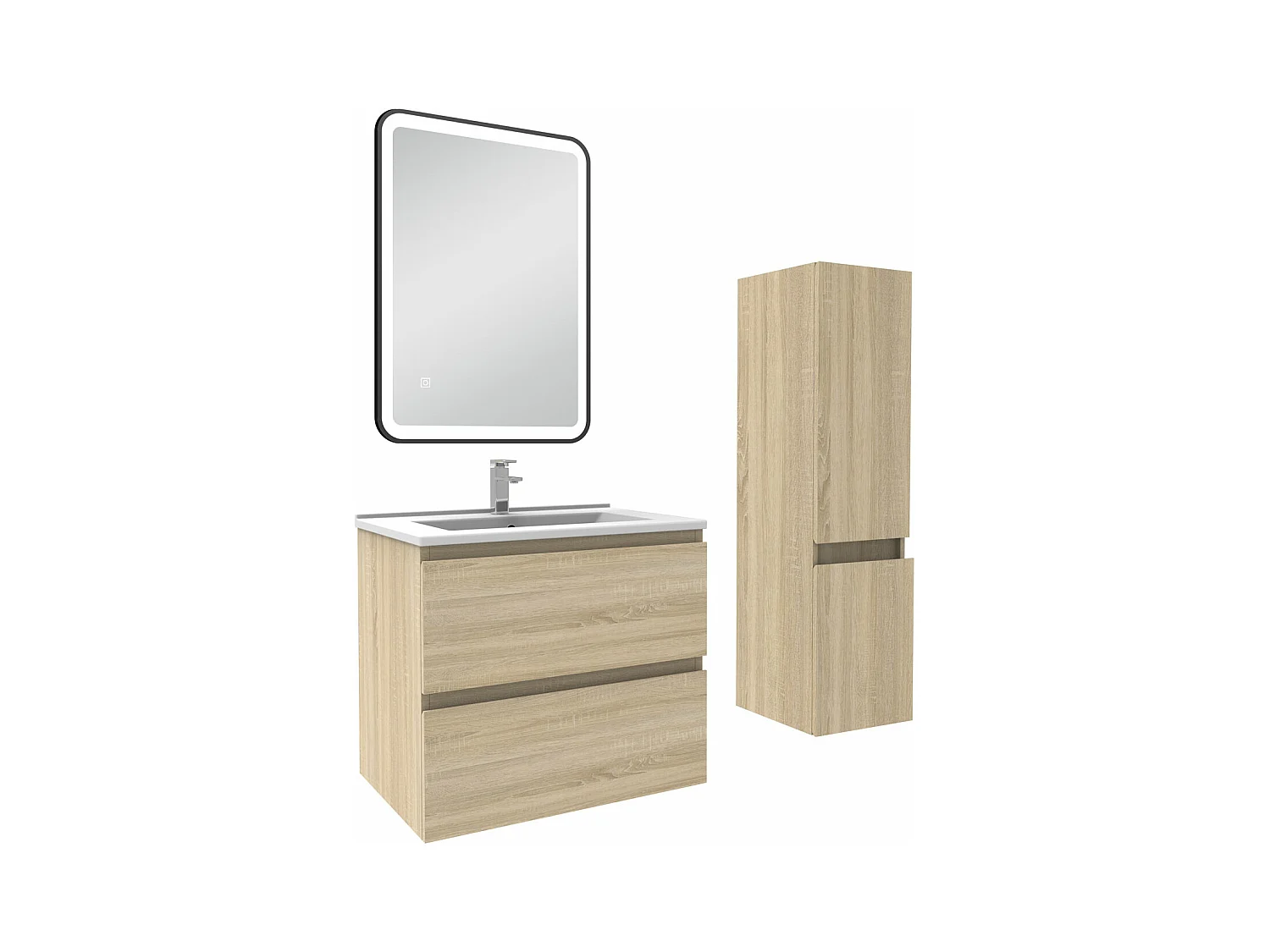 Meuble salle de Bain 60cm simple vasque avec colonne + miroir 3 couleurs Chêne Wotan