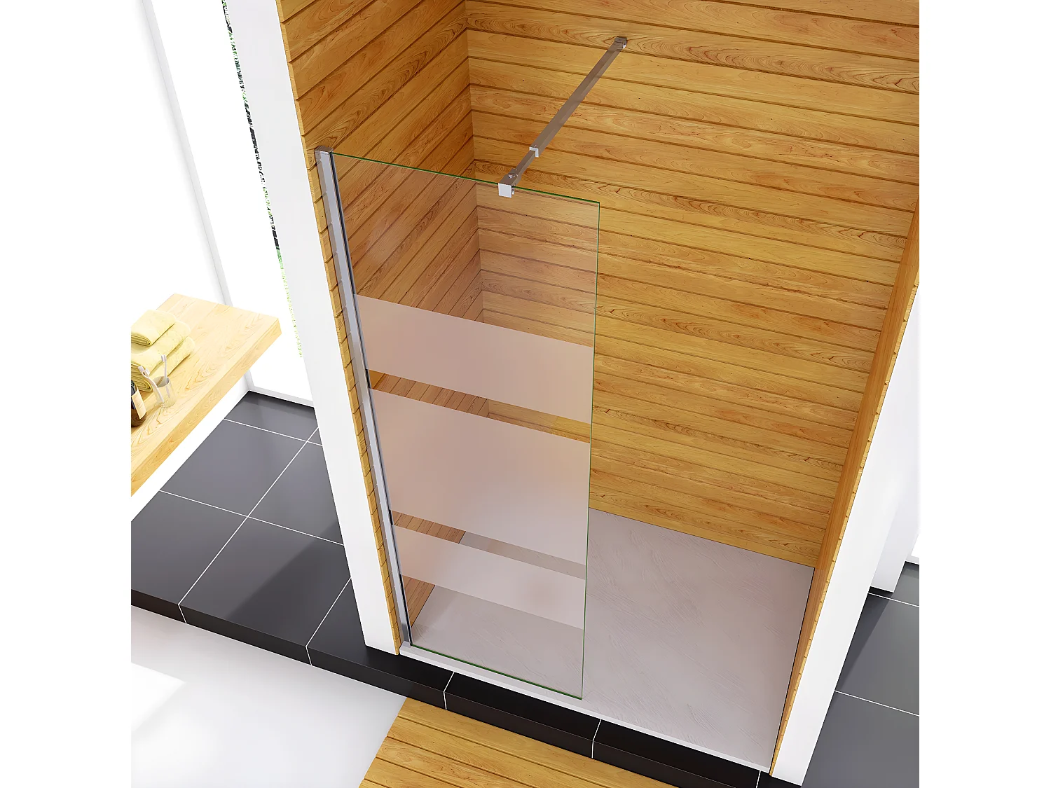 Box Doccia Walk In 60x190cm Parete Fissa in Vetro Temperato 6mm Anticalcare Multi Fasce Satinate Opache con Barra Stabilizzatrice 73-120cm Cromo