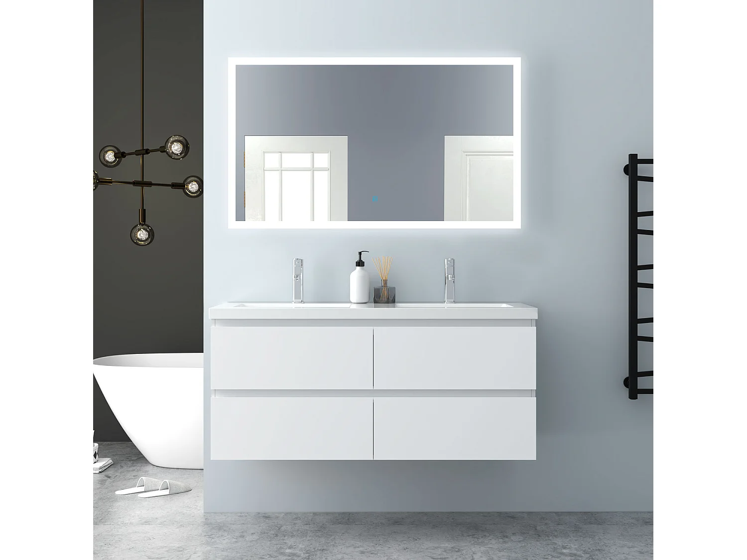 AICA Waschbeckenunterschrank hängend 120cm  Mineralguss Einbauwaschbecken mit Unterschrank - Weiß Matt - CINIC