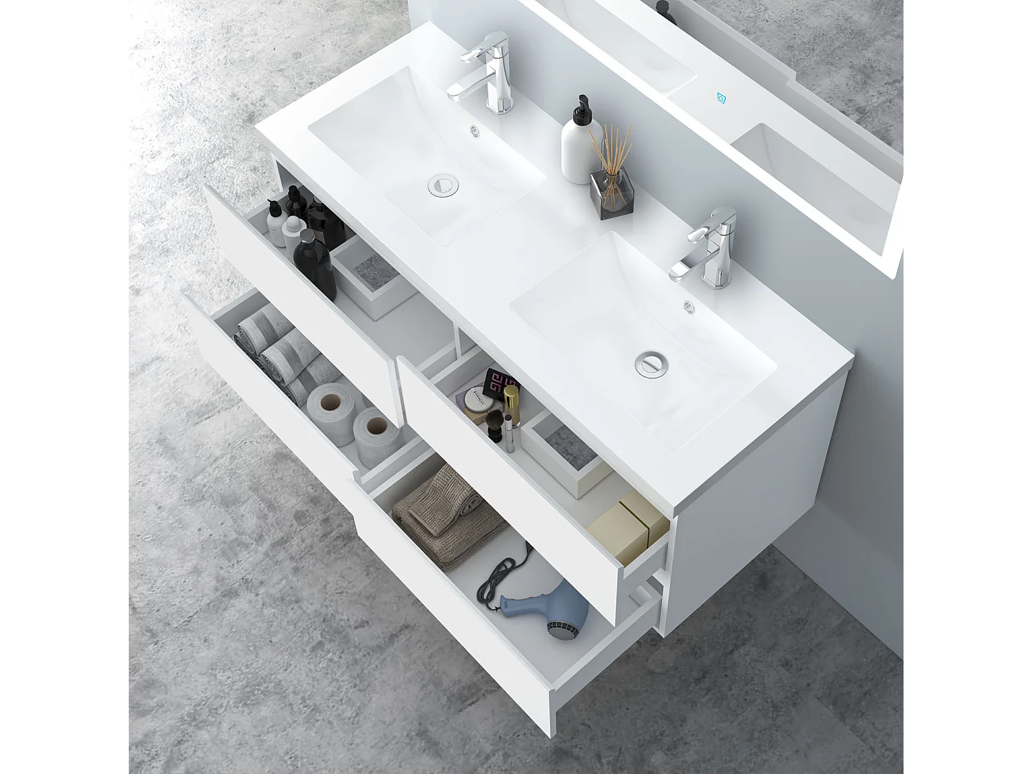 AICA Waschbeckenunterschrank hängend 120cm  Mineralguss Einbauwaschbecken mit Unterschrank - Weiß Matt - CINIC