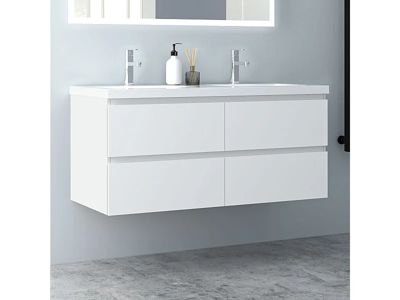 AICA Waschbeckenunterschrank hängend 120cm  Mineralguss Einbauwaschbecken mit Unterschrank - Weiß Matt - CINIC