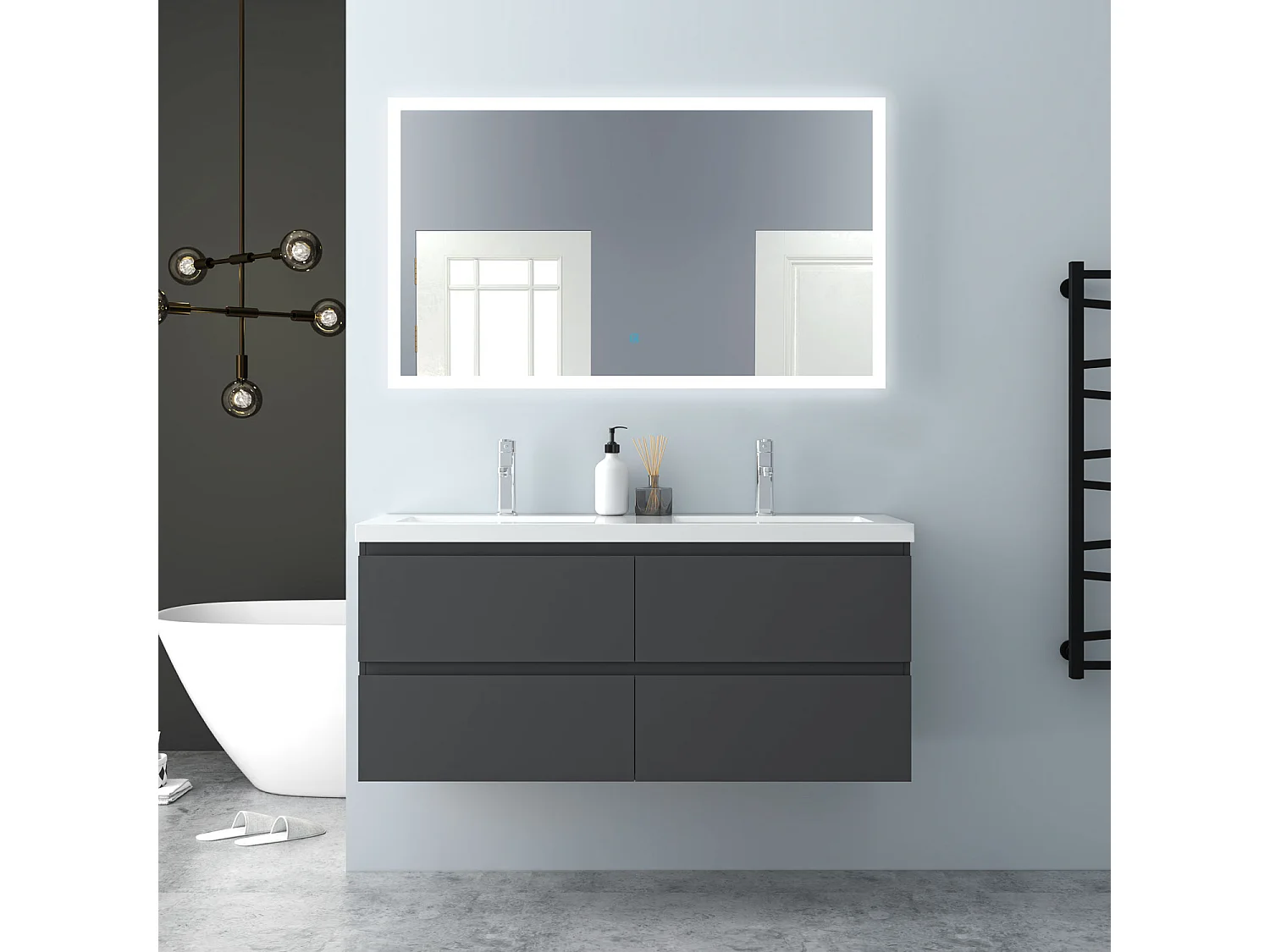 AICA Waschbeckenunterschrank hängend 120cm  Mineralguss Einbauwaschbecken mit Unterschrank - Dunkelgrau Matt - CINIC