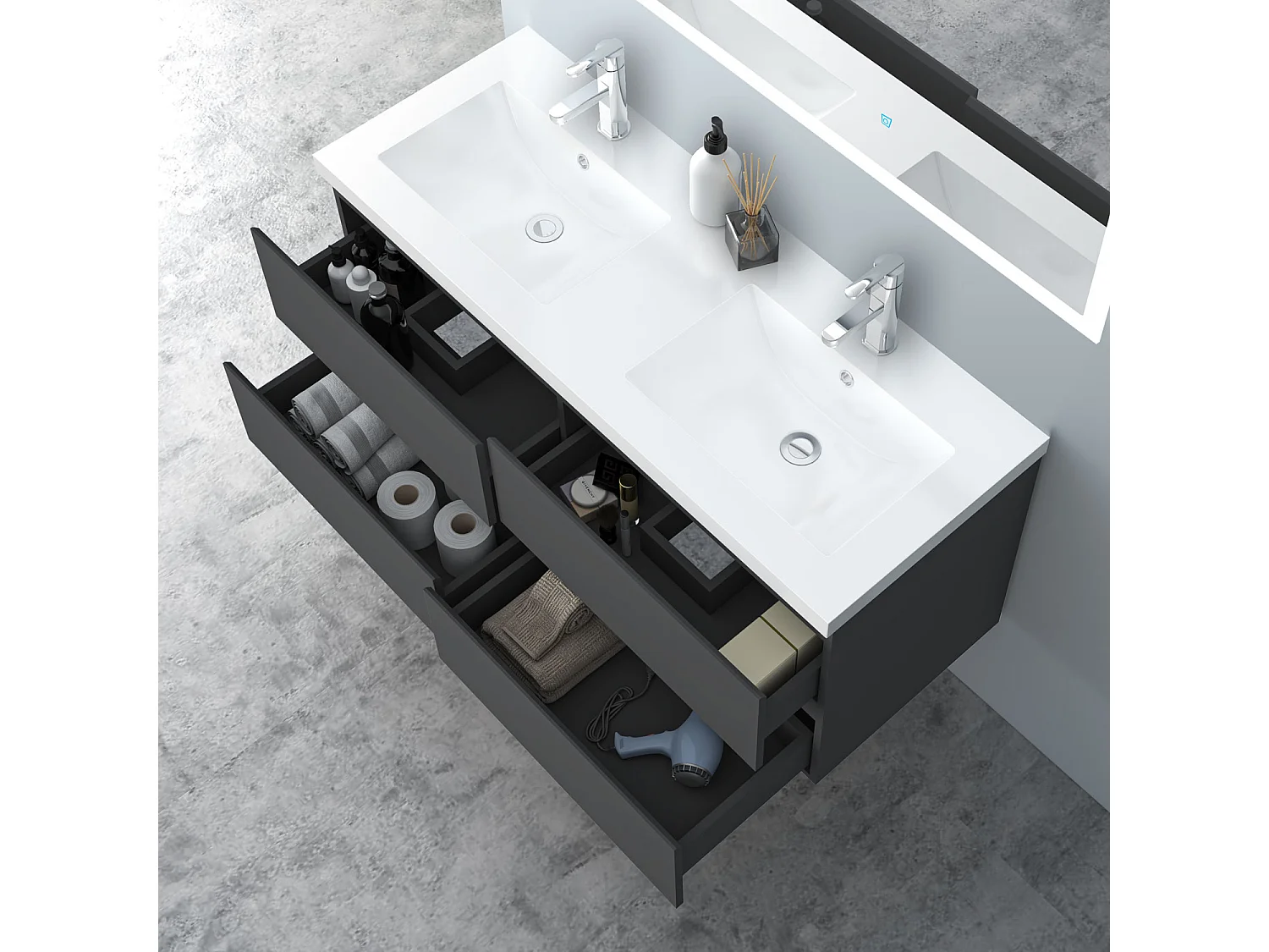 AICA Waschbeckenunterschrank hängend 120cm  Mineralguss Einbauwaschbecken mit Unterschrank - Dunkelgrau Matt - CINIC