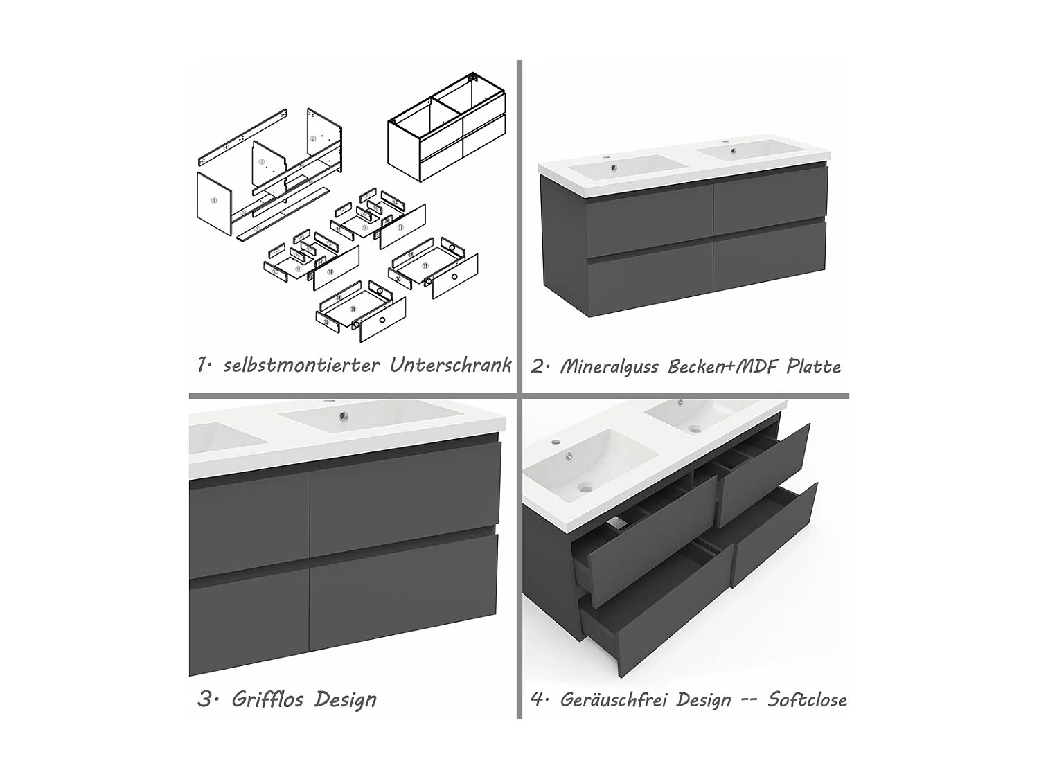 AICA Waschbeckenunterschrank hängend 120cm  Mineralguss Einbauwaschbecken mit Unterschrank - Dunkelgrau Matt - CINIC
