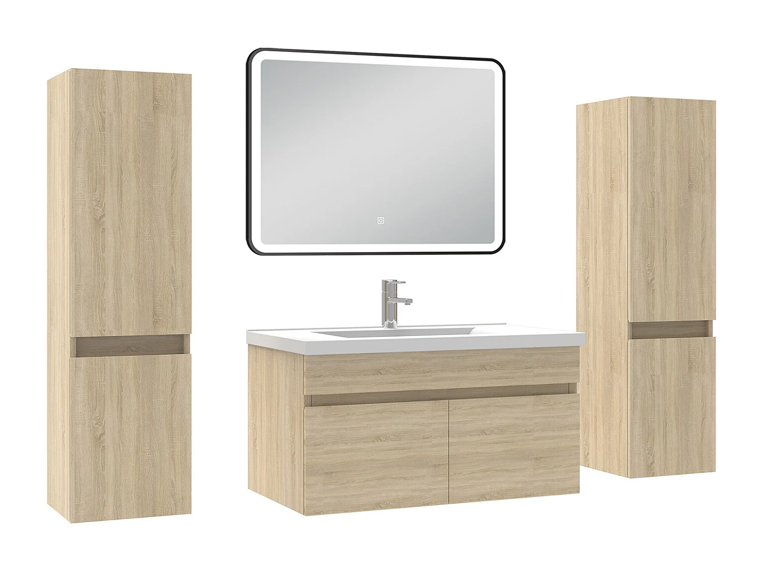 Meuble simple vasque chêne wotan 80cm avec colonne + miroir 3 couleurs + dimmable