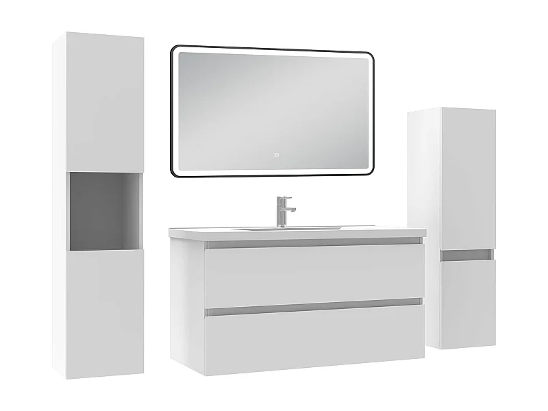 Meuble Salle de Bain 100cm avec colonne + miroir lumineux 3 couleurs blanc