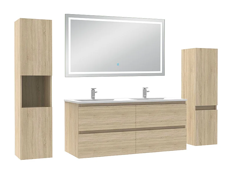 Ensemble meuble Salle de Bain 120cm avec colonne et miroir lumineux 3 couleurs Chêne Wotan