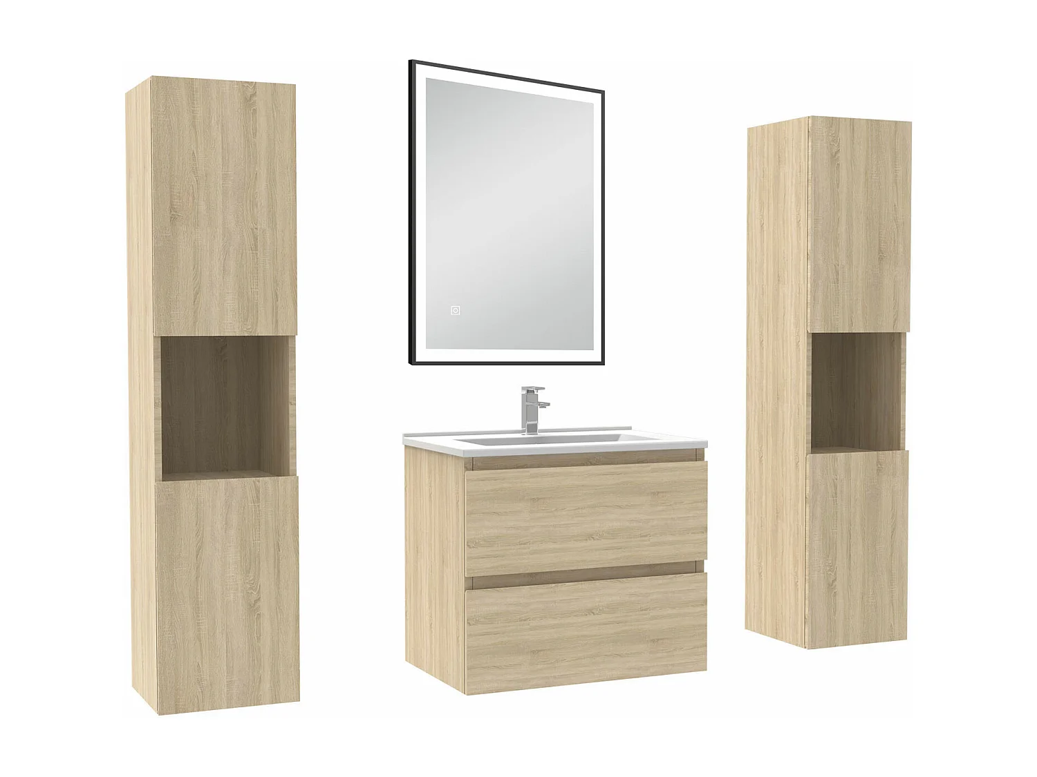 Meubles Salle de Bain 60cm avec colonne et miroir lumineux 3 couleurs et dimmable Chêne Wotan