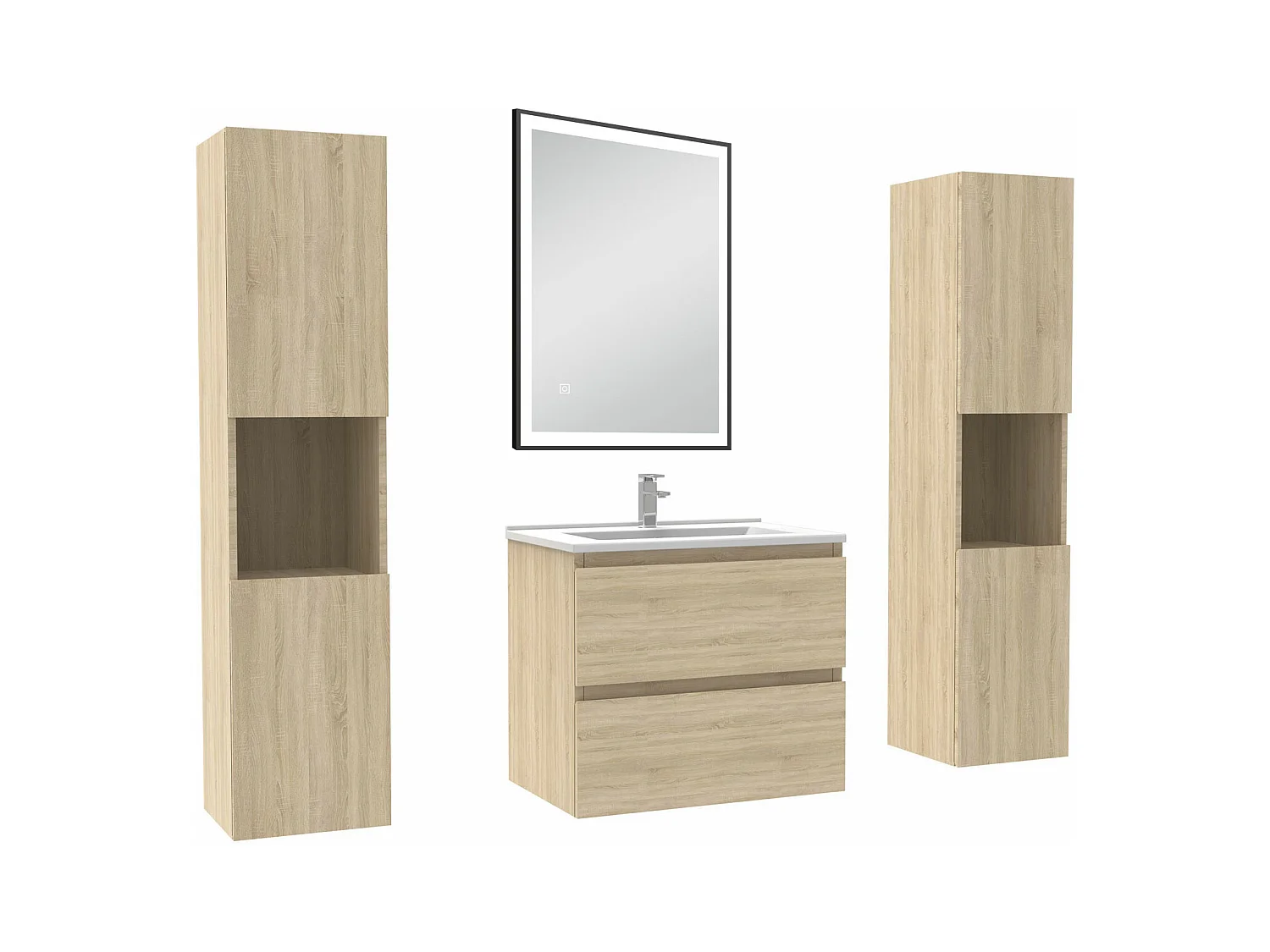 Meubles Salle de Bain 60cm avec colonne et miroir lumineux 3 couleurs et dimmable Chêne Wotan