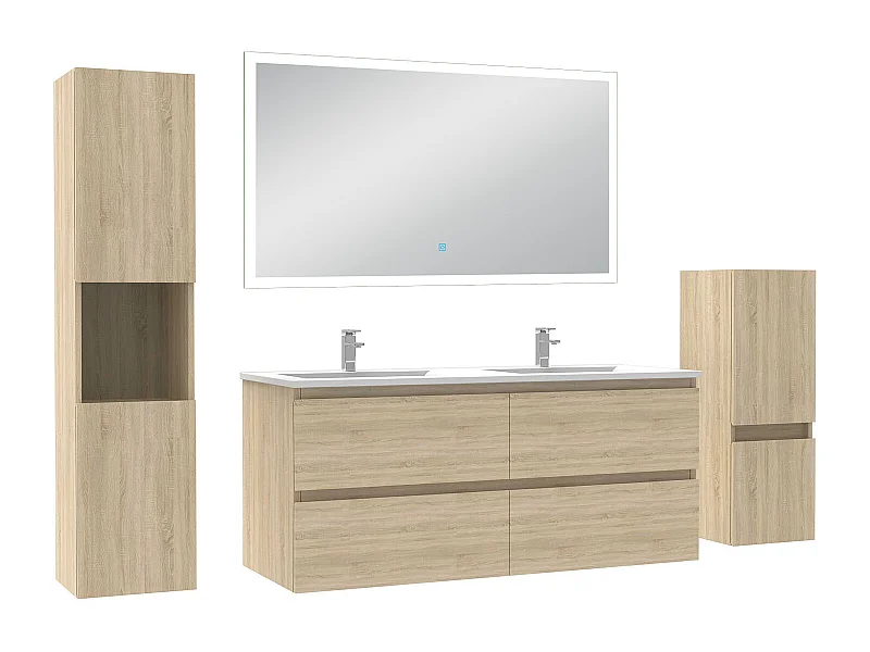 Ensemble meuble Salle de Bain 120cm avec double vasque et colonne et miroir lumineux dimmable chêne wotan