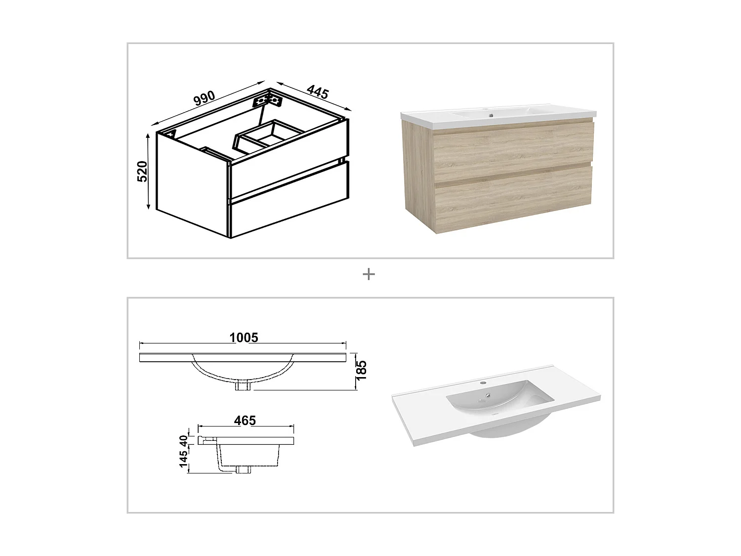 Meuble Salle de Bain 100cm avec colonne + miroir lumineux 3 couleurs Chêne Wotan