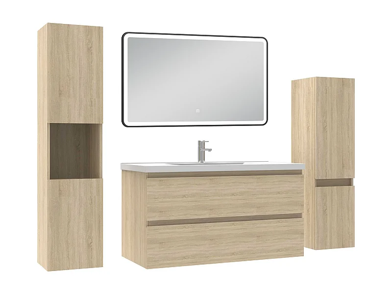 Meuble Salle de Bain 100cm avec colonne + miroir lumineux 3 couleurs Chêne Wotan