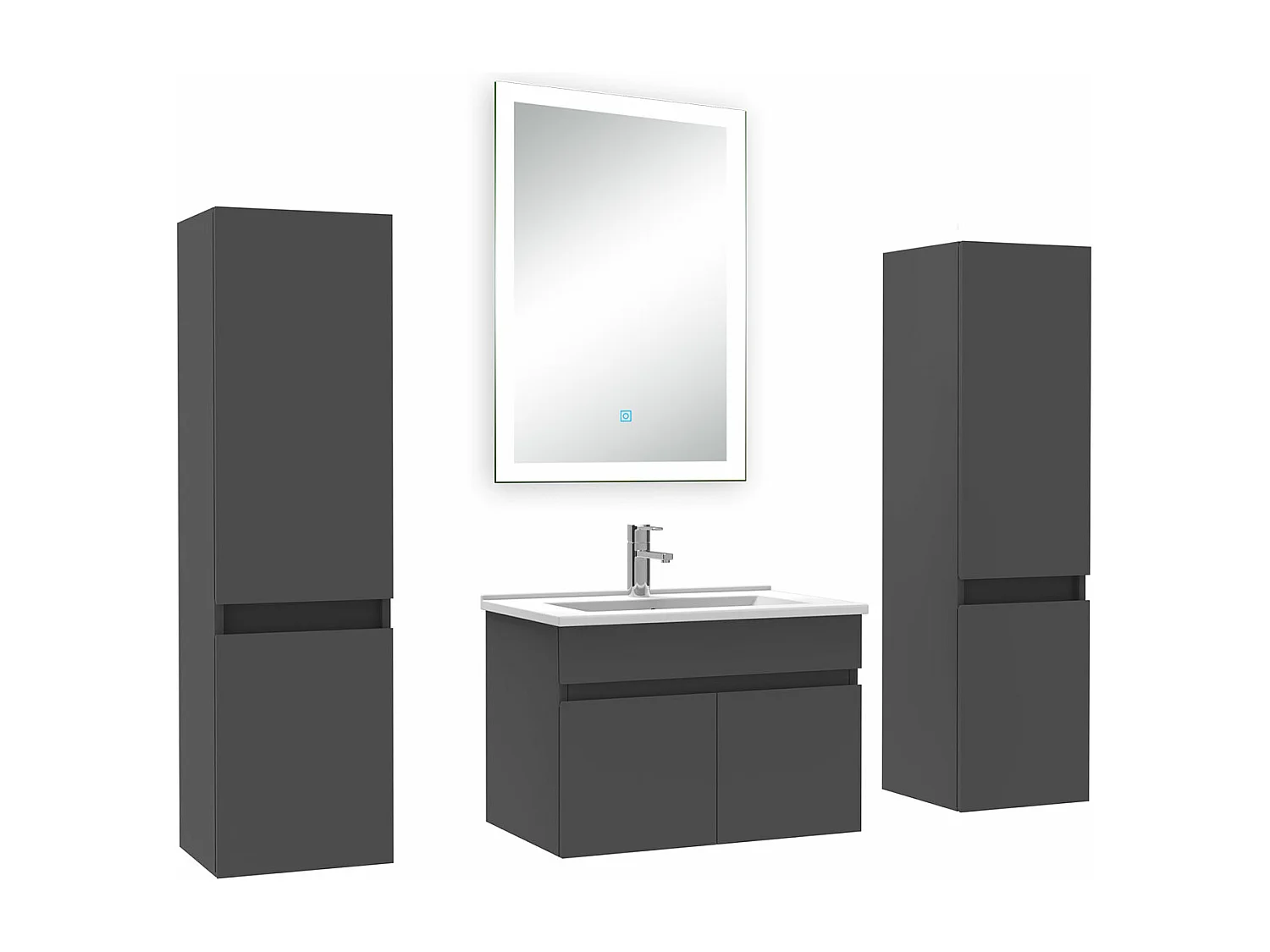 Ensemble meuble Salle de Bain 60cm avec colonne et miroir lumineux dimmable mural anthracite