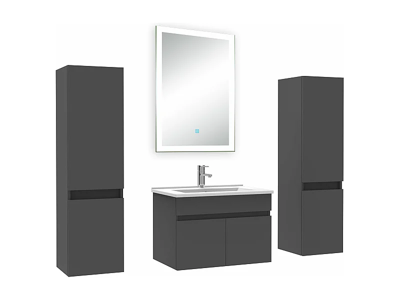Ensemble meuble Salle de Bain 60cm avec colonne et miroir lumineux dimmable mural anthracite