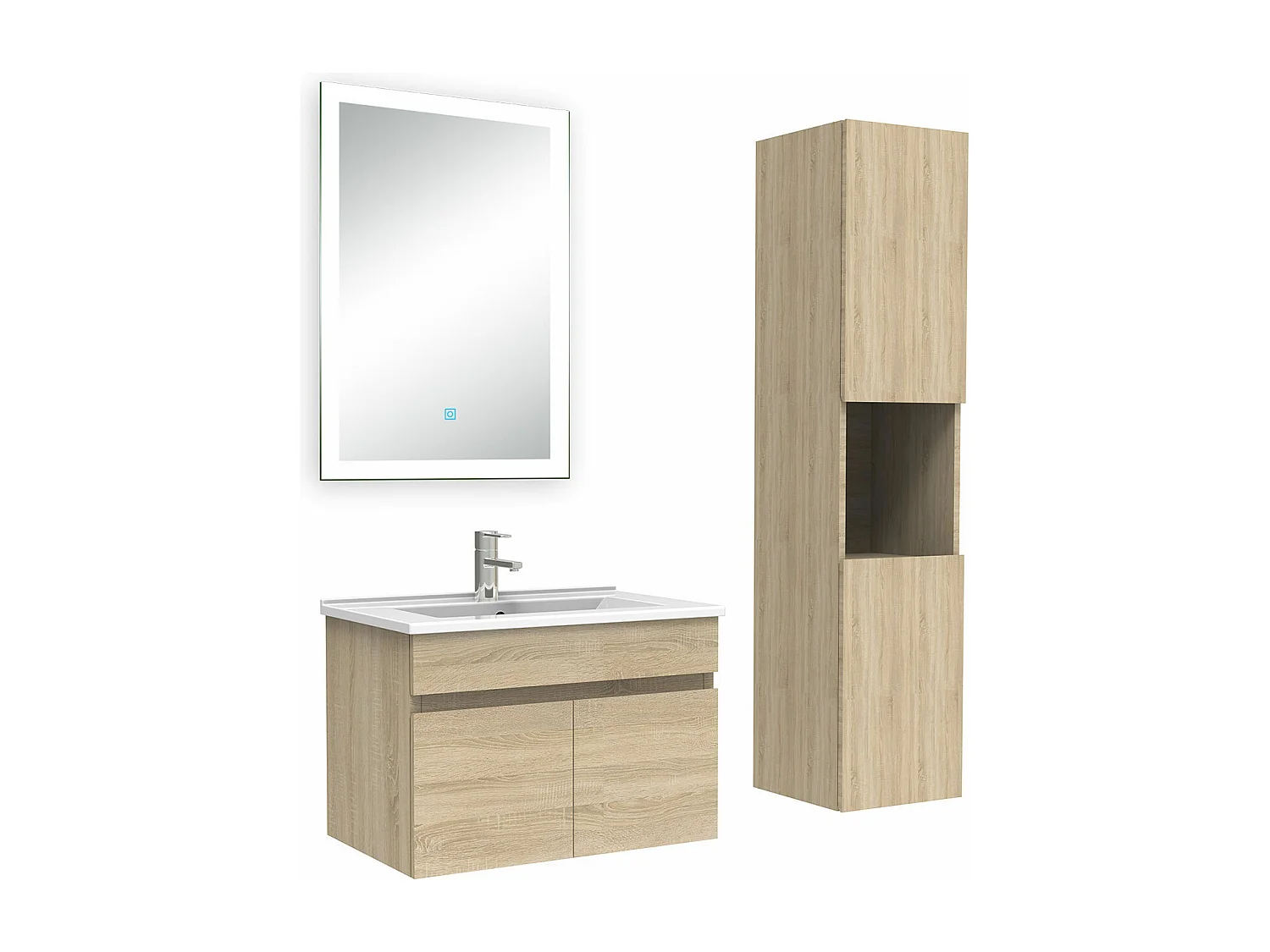 Ensemble meuble Salle de Bain 60cm avec vasque + colonne + miroir lumineux dimmable chêne wotan