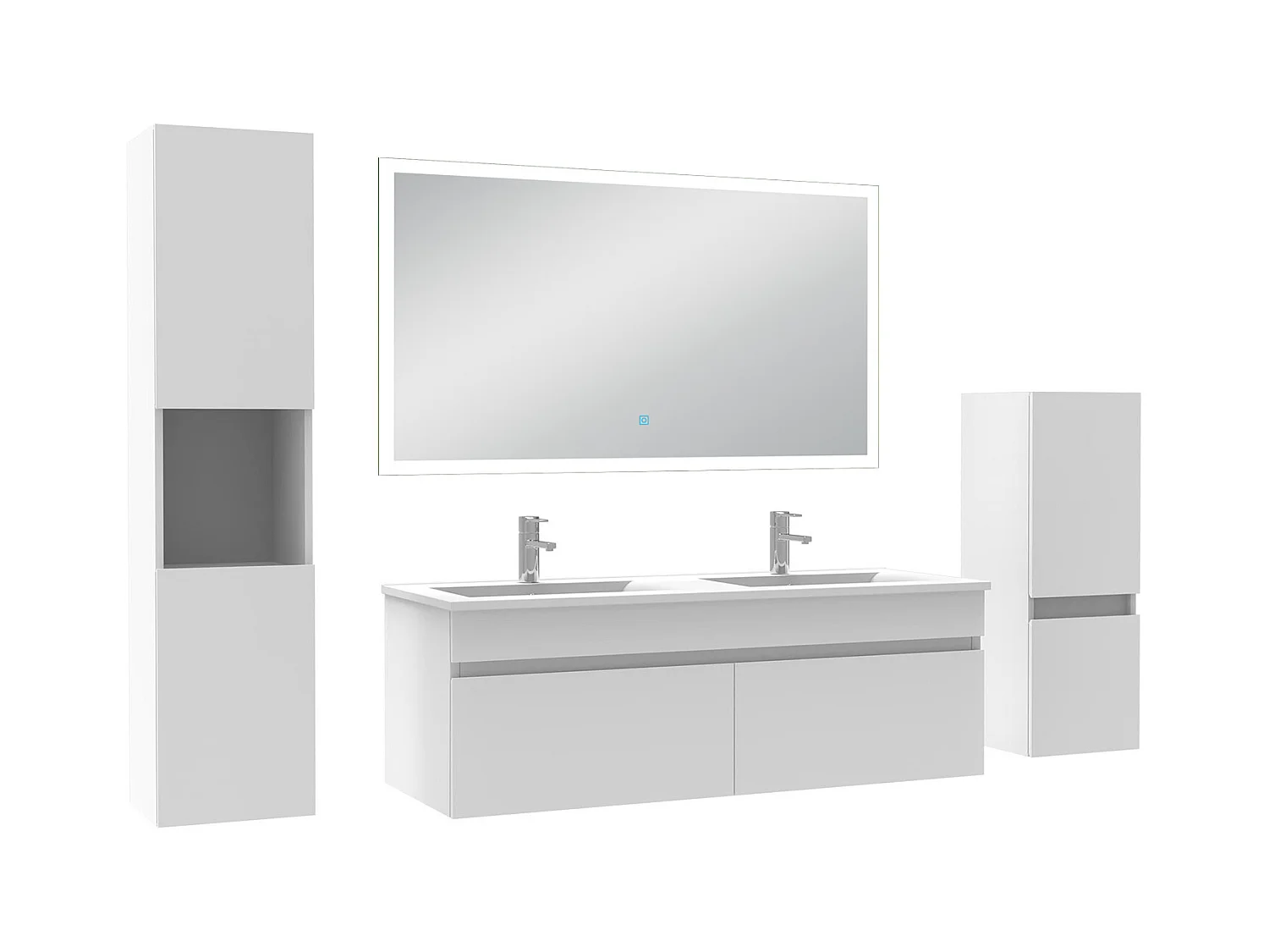Ensemble meuble Salle de Bain 120cm avec double vasque + colonne + miroir lumineux dimmable blanc
