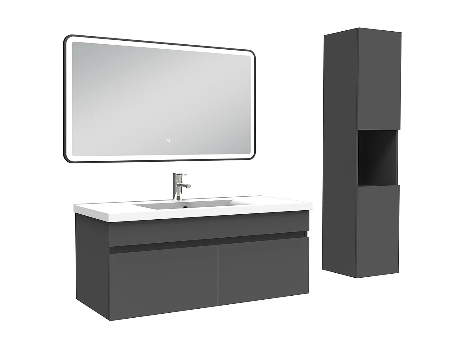 Meuble simple vasque 100cm avec colonne + miroir lumineux 3 couleurs anthracite