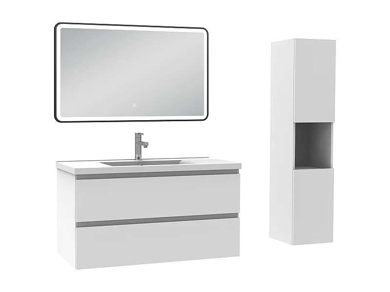 Meuble salle de Bain 100cm avec colonne + miroir 3 couleurs blanc