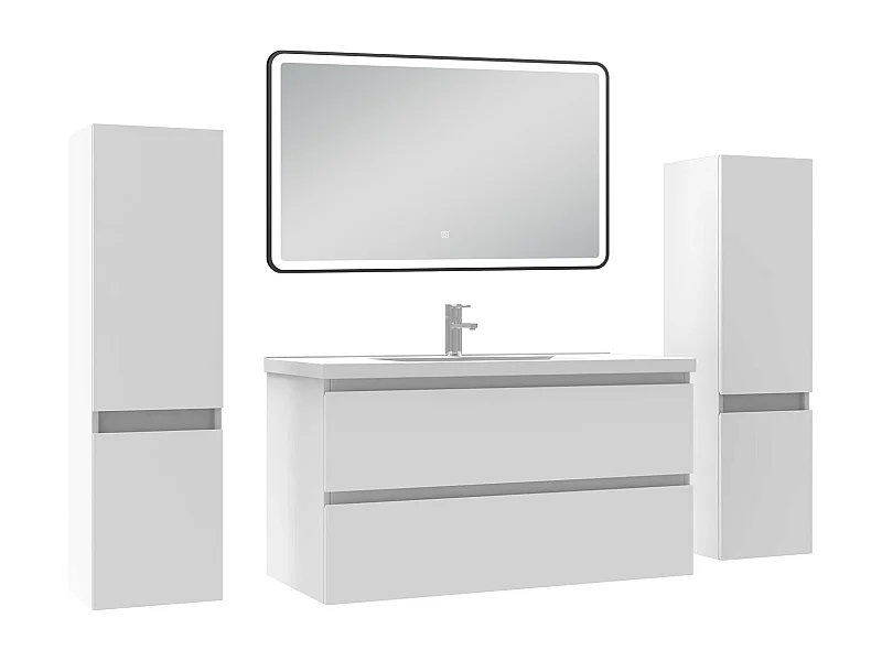 Meubles Salle de Bain 100cm avec colonne + miroir lumineux 3 couleurs blanc