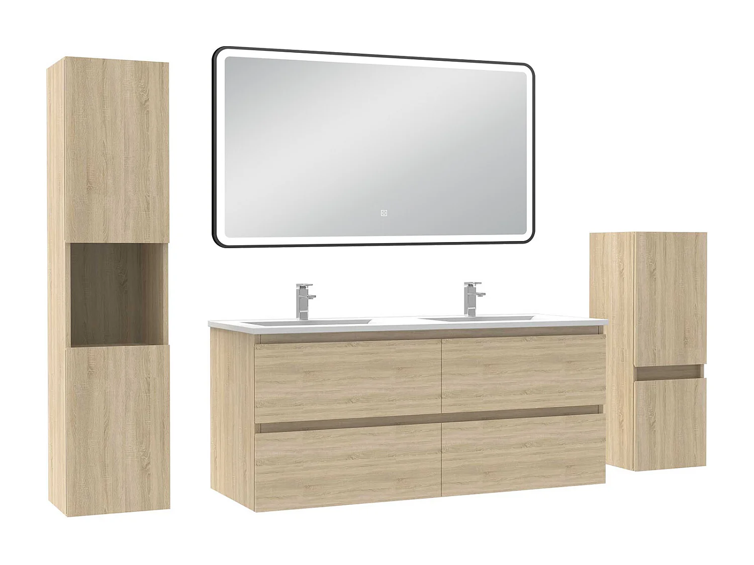 Meuble salle de Bain 120cm avec colonne + miroir mural lumineux 3 couleurs Chêne Wotan