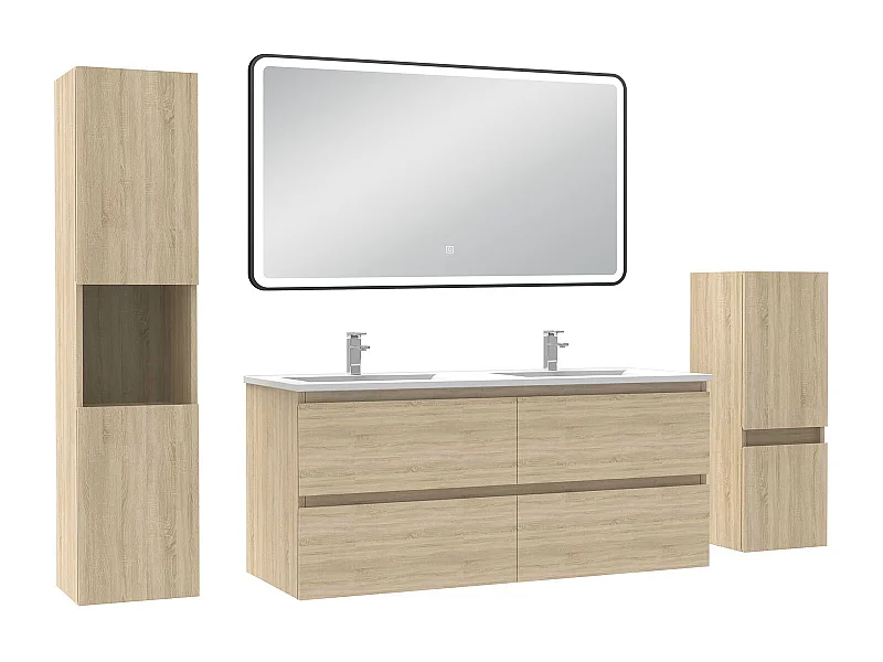 Meuble salle de Bain 120cm avec colonne + miroir mural lumineux 3 couleurs Chêne Wotan