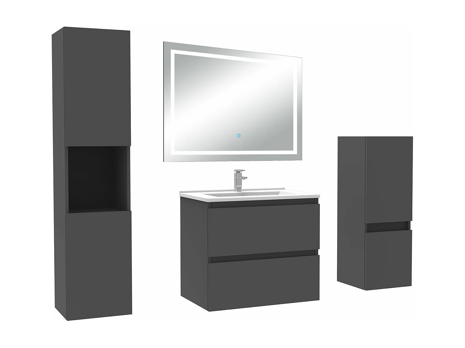 Ensemble meuble salle de Bain 60cm avec colonne et miroir mural lumineux 3 couleurs Anthracite