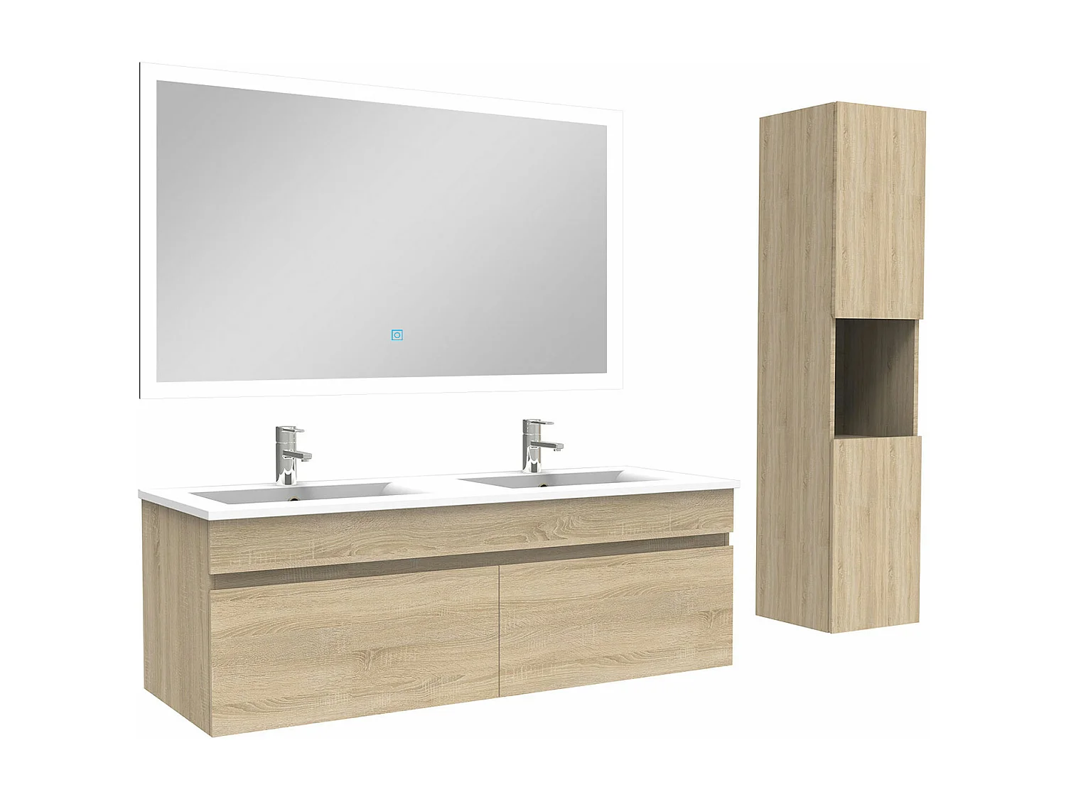 Ensemble meuble Salle de Bain 120cm avec vasque + colonne + miroir lumineux dimmable chêne wotan
