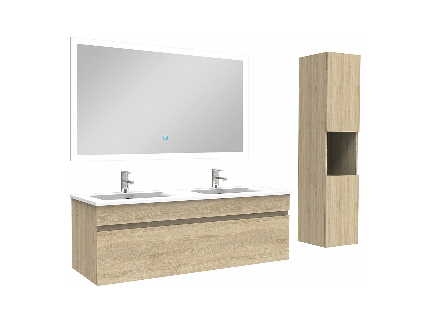 Ensemble meuble Salle de Bain 120cm avec vasque + colonne + miroir lumineux dimmable chêne wotan