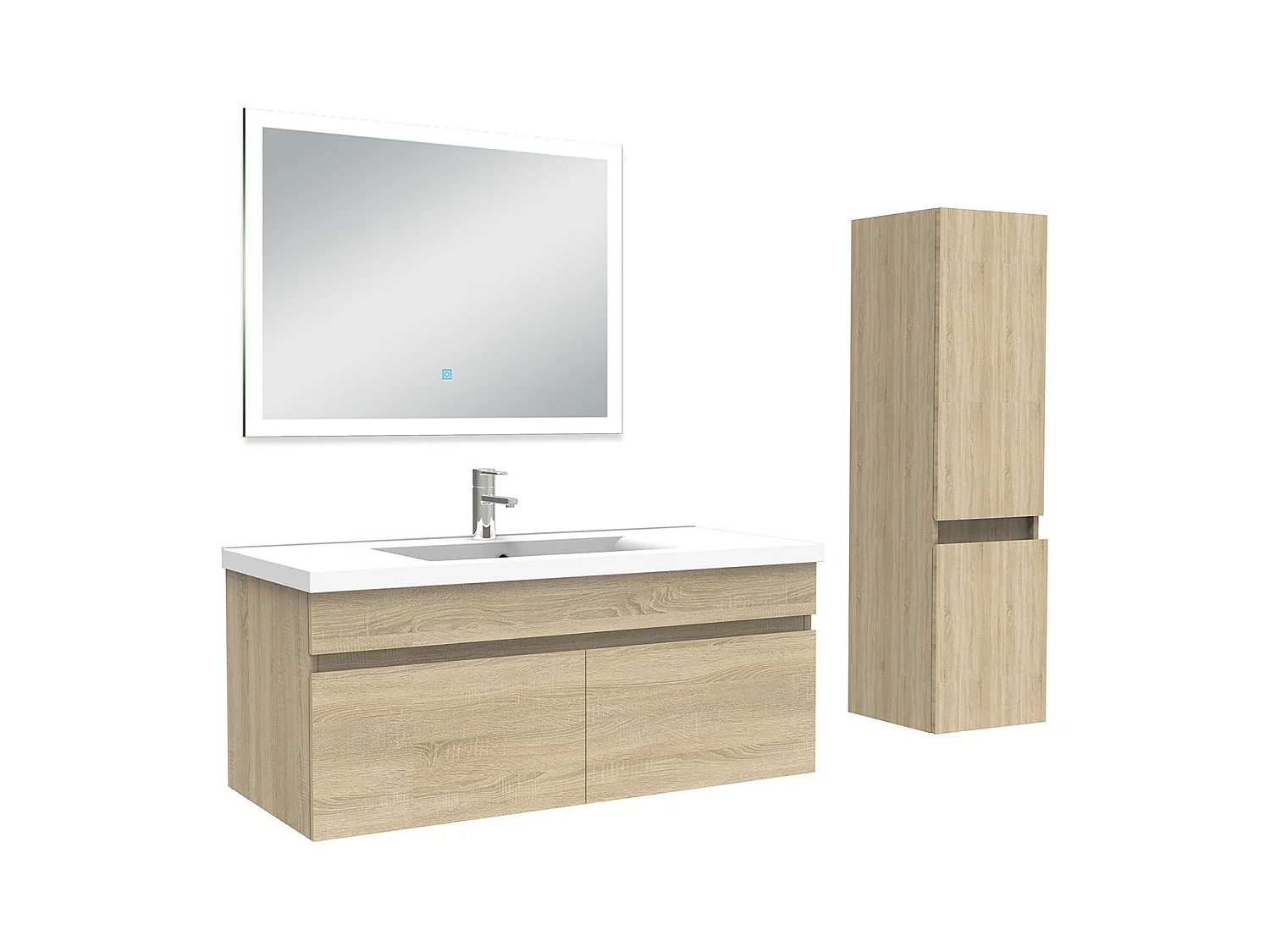 Ensemble meuble Salle de Bain 100cm avec vasque + colonne + miroir lumineux 3 couleurs chêne wotan
