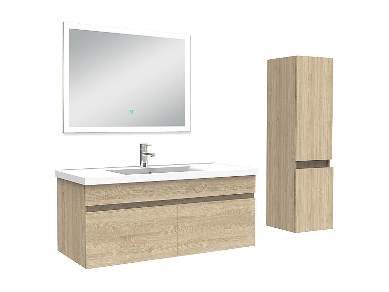 Ensemble meuble Salle de Bain 100cm avec vasque + colonne + miroir lumineux 3 couleurs chêne wotan