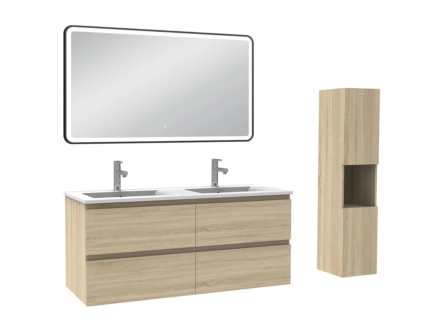 Meuble salle de Bain 120cm avec colonne + miroir 3 couleurs Chêne Wotan