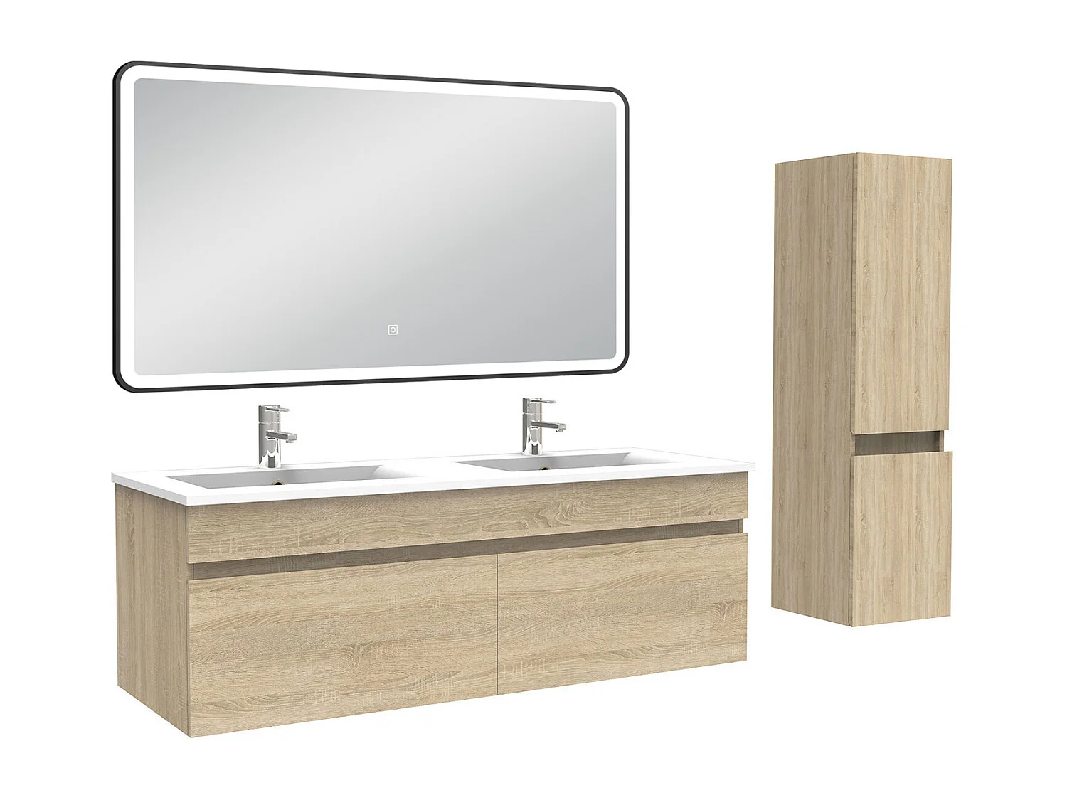 Meuble double vasque 120cm avec colonne + miroir lumineux chêne wotan
