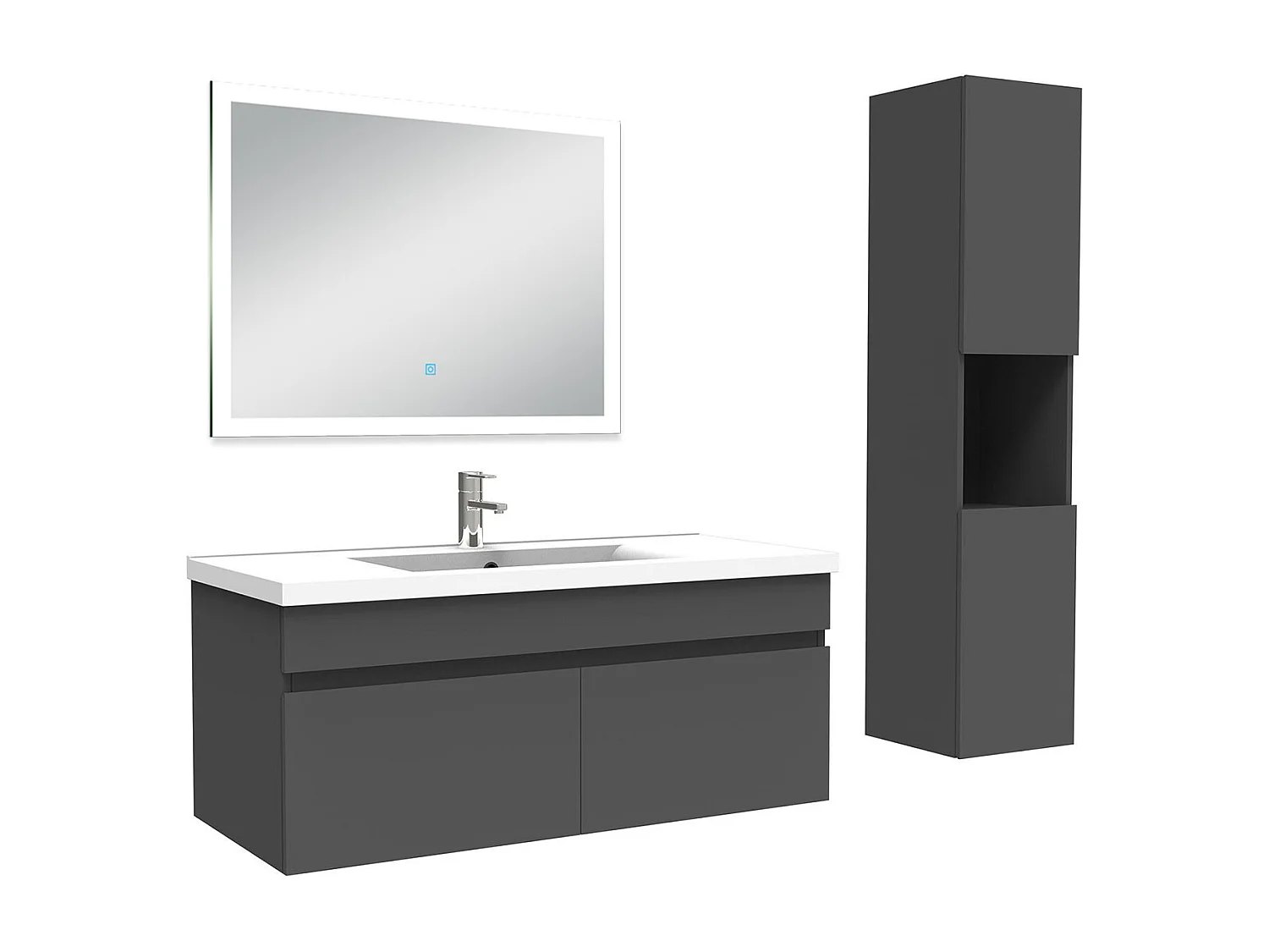 Ensemble meuble Salle de Bain 100cm avec vasque + colonne + miroir lumineux dimmable anthracite
