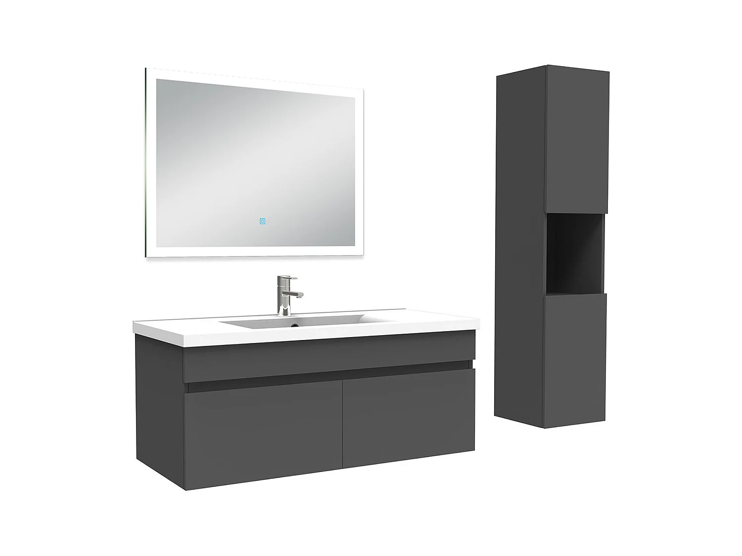 Ensemble meuble Salle de Bain 100cm avec vasque + colonne + miroir lumineux dimmable anthracite