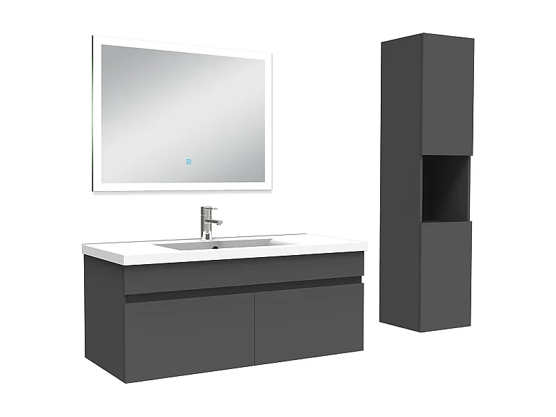 Ensemble meuble Salle de Bain 100cm avec vasque + colonne + miroir lumineux dimmable anthracite
