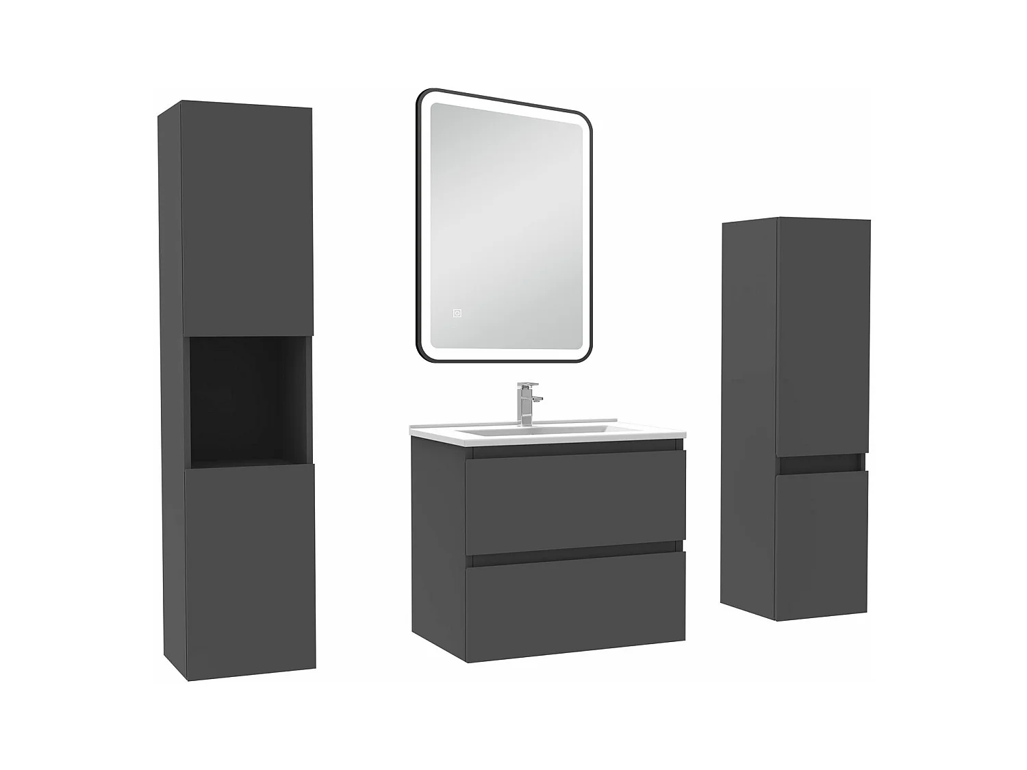 Meuble Salle de Bain 60cm avec colonne + miroir lumineux 3 couleurs Anthracite