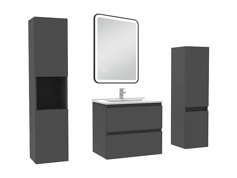 Meuble Salle de Bain 60cm avec colonne + miroir lumineux 3 couleurs Anthracite