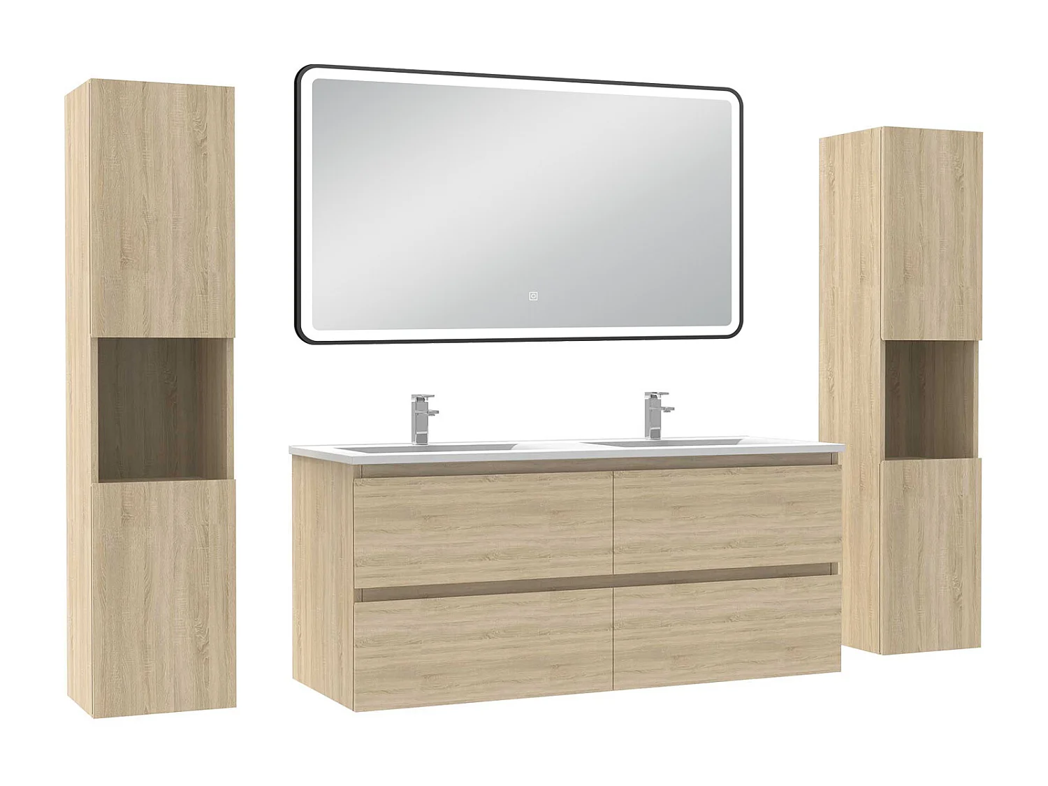 Meubles Salle de Bain 120cm avec colonne + miroir lumineux 3 couleurs + dimmable Chêne Wotan