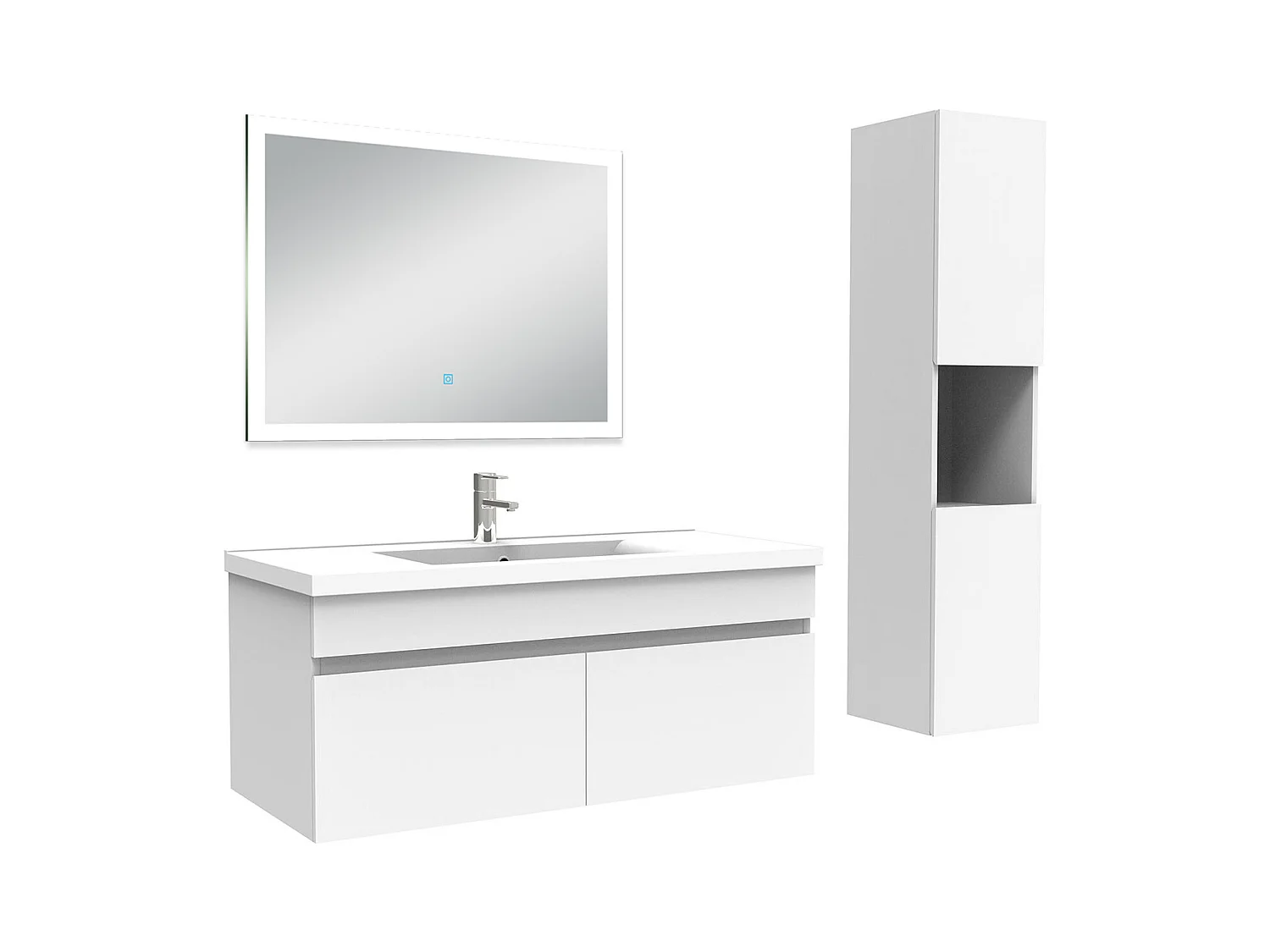 Ensemble meuble Salle de Bain 100cm avec vasque + colonne + miroir lumineux dimmable blanc