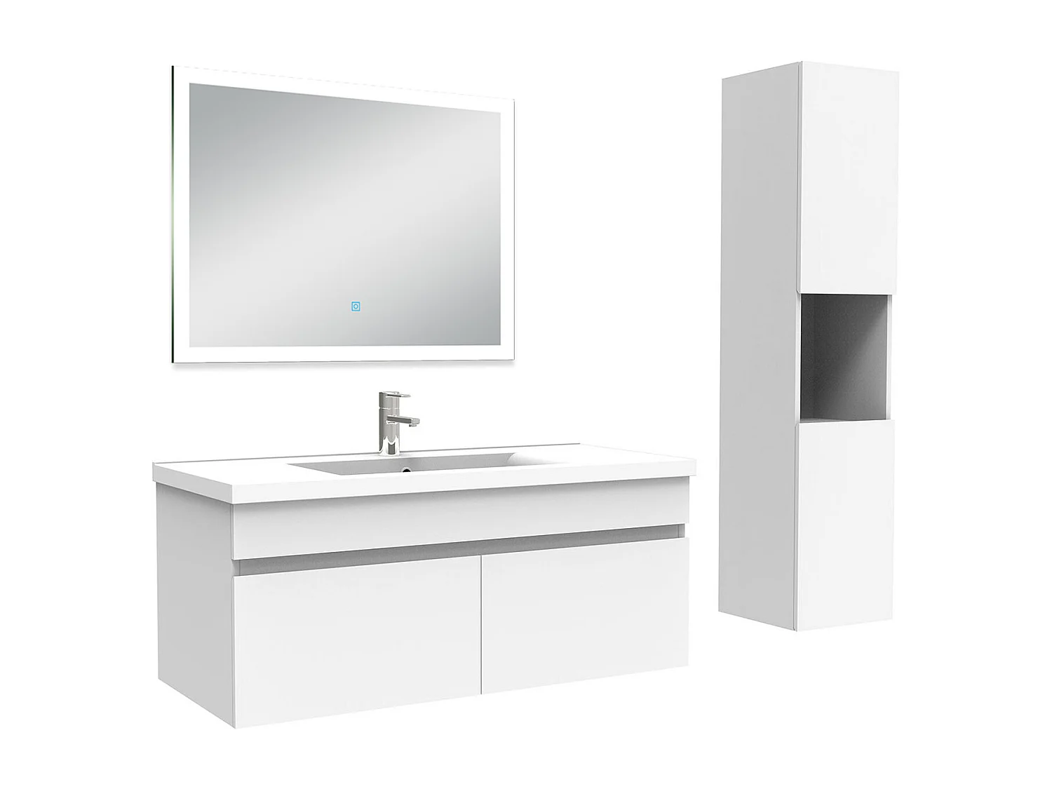 Ensemble meuble Salle de Bain 100cm avec vasque + colonne + miroir lumineux dimmable blanc