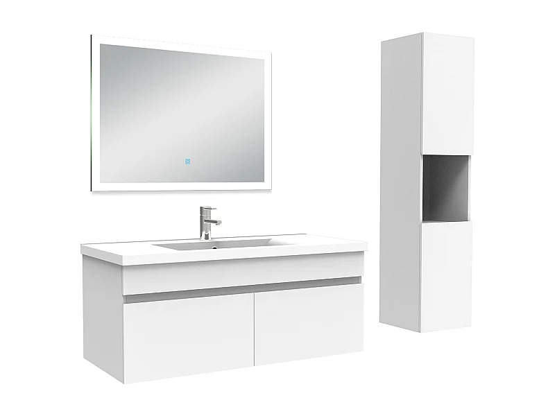 Ensemble meuble Salle de Bain 100cm avec vasque + colonne + miroir lumineux dimmable blanc