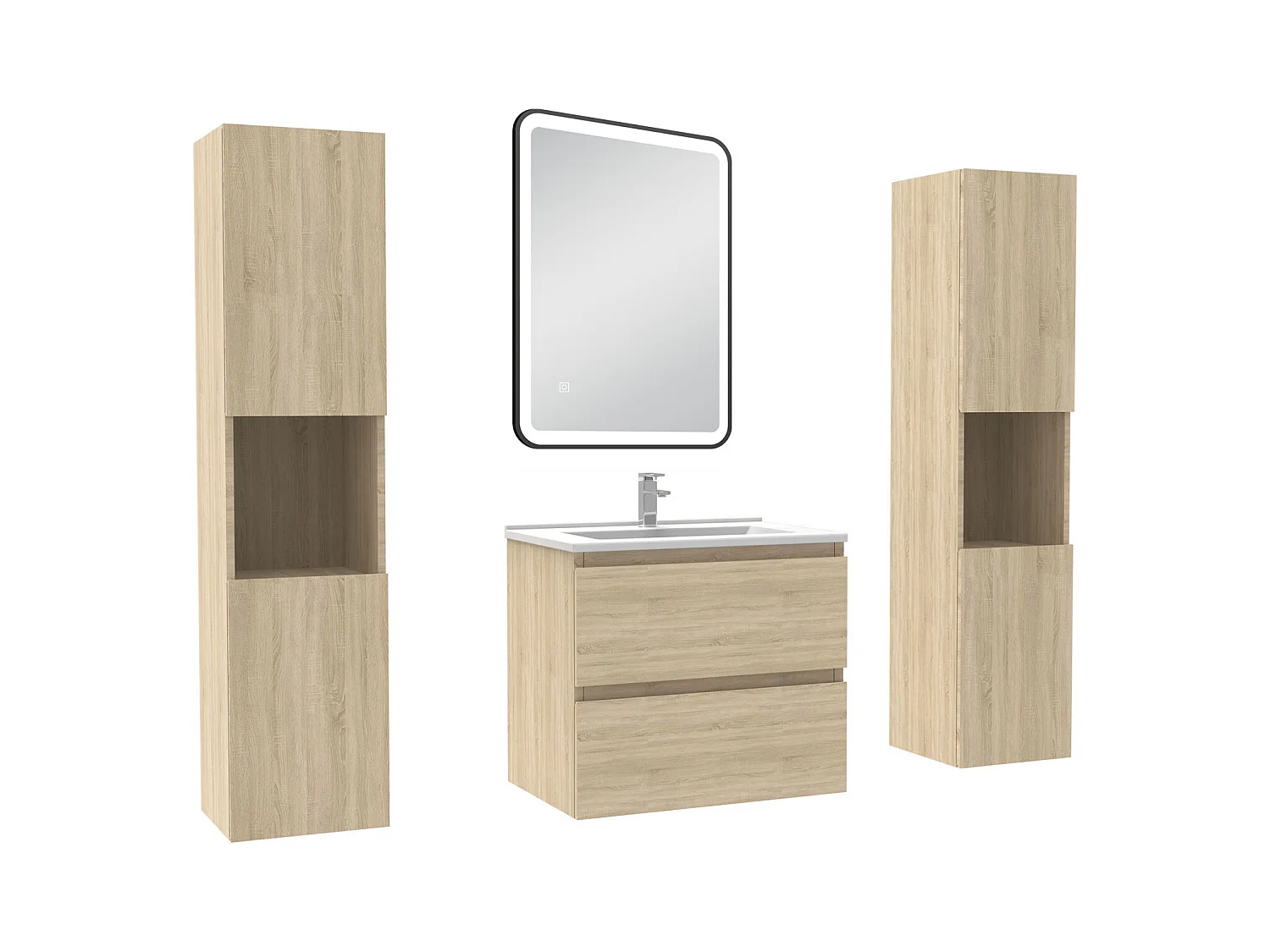 Meubles Salle de Bain 60cm avec colonne + miroir lumineux 3 couleurs + dimmable Chêne Wotan