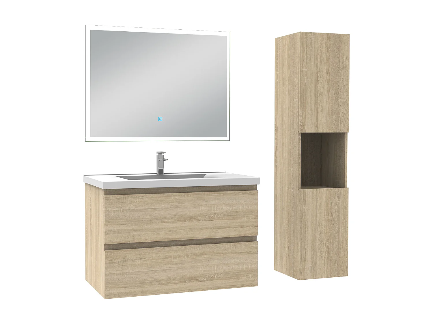 Ensemble meuble Salle de Bain 80cm avec vasque et colonne et miroir lumineux dimmable chêne wotan